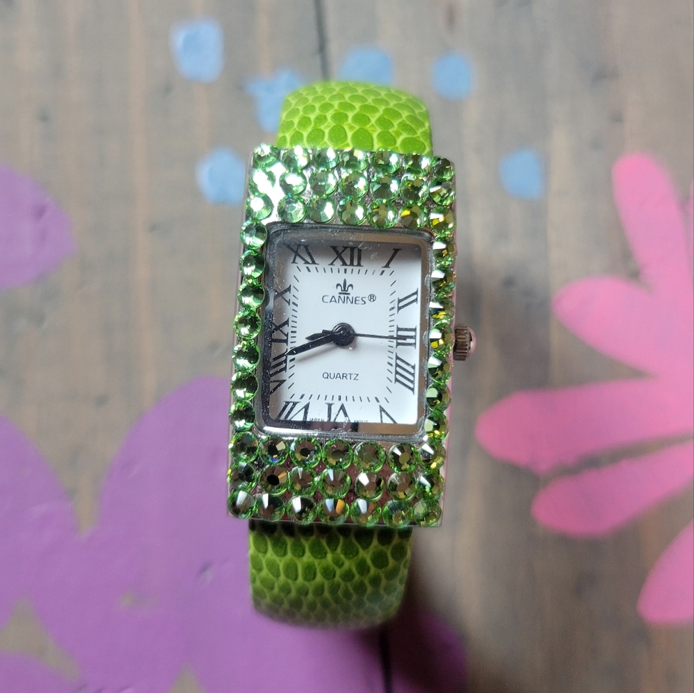 Cannes Silver/Green Rhinestone Women's Cuff Watch